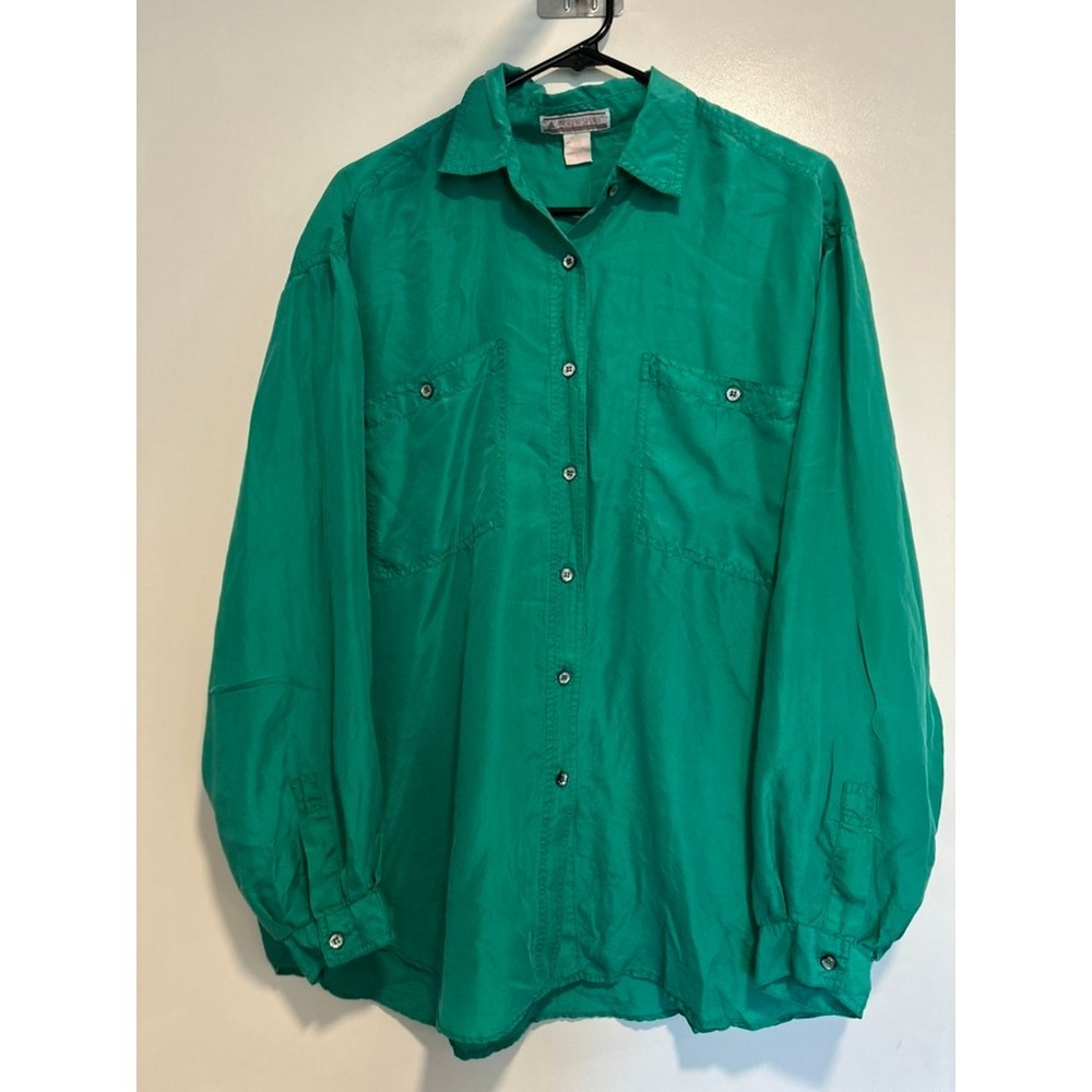 Andrew Sport Vintage 90s Silk Button Down Blouse Sz:L Green Long Sleeve Pockets